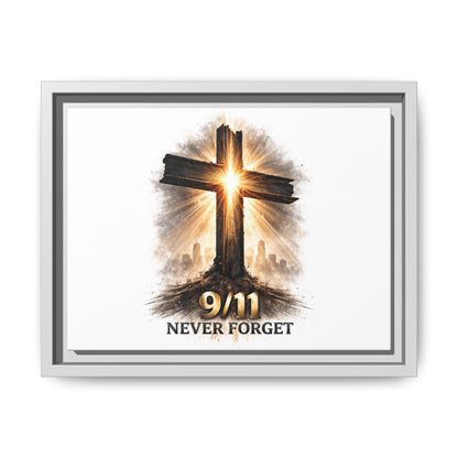 9/11 Never Forget Framed Canvas Wall Art — Memorial Cross Tribute