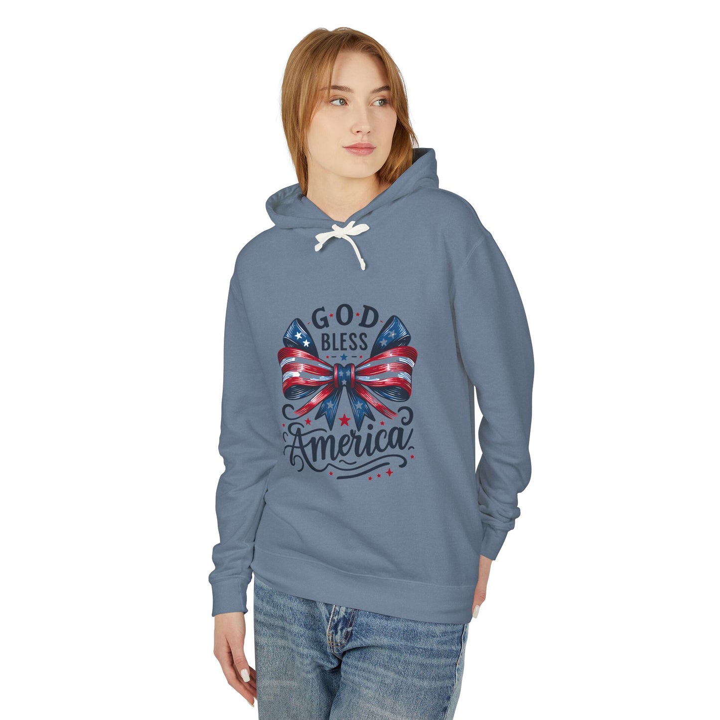 God Bless America Patriotic Hoodie – American Flag Bow Fourth of July Sweatshirt