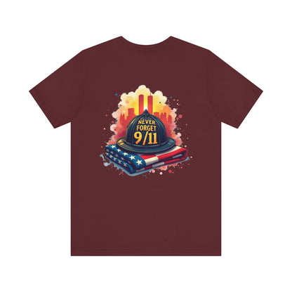 Never Forget 9/11 Memorial T-Shirt — Firefighter Helmet & Flag Tribute Tee