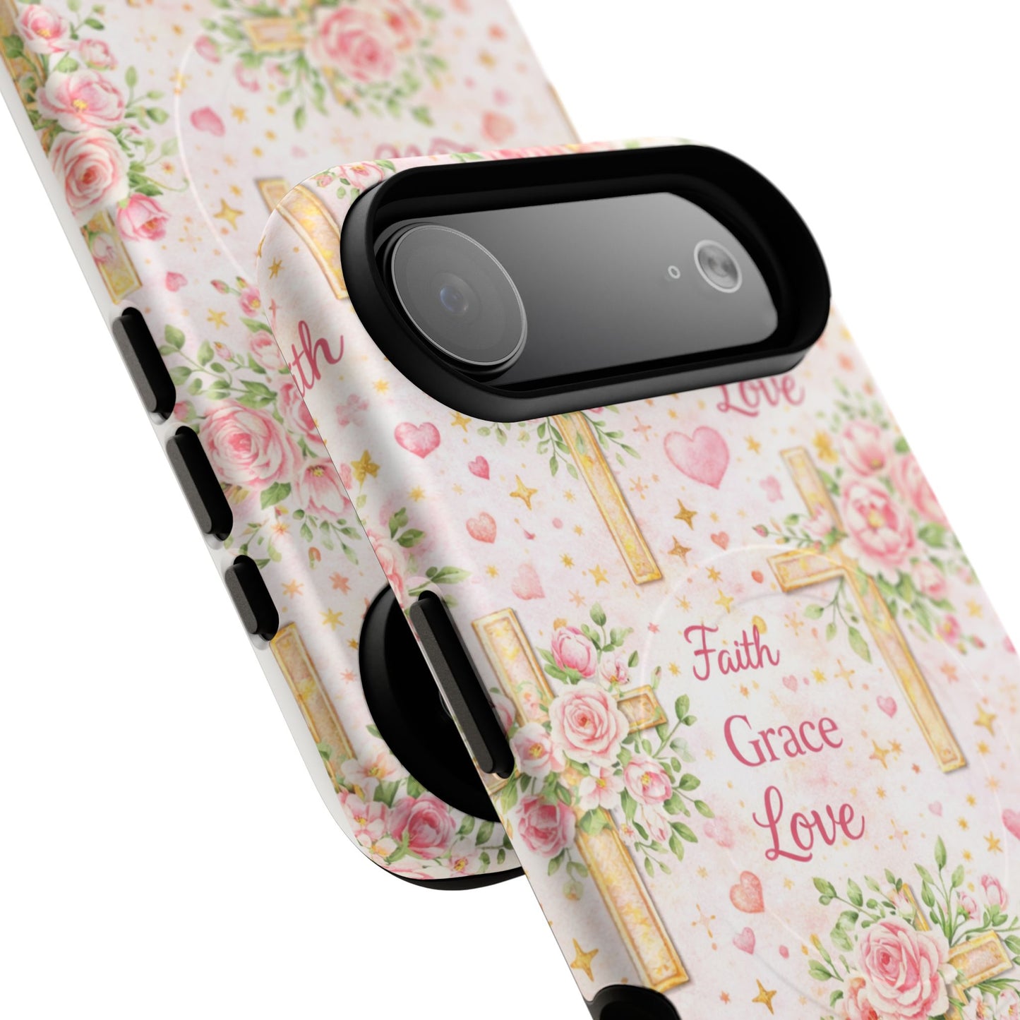 Faith Grace Love Tough Magnetic Phone Case — Floral Cross Protective Cover