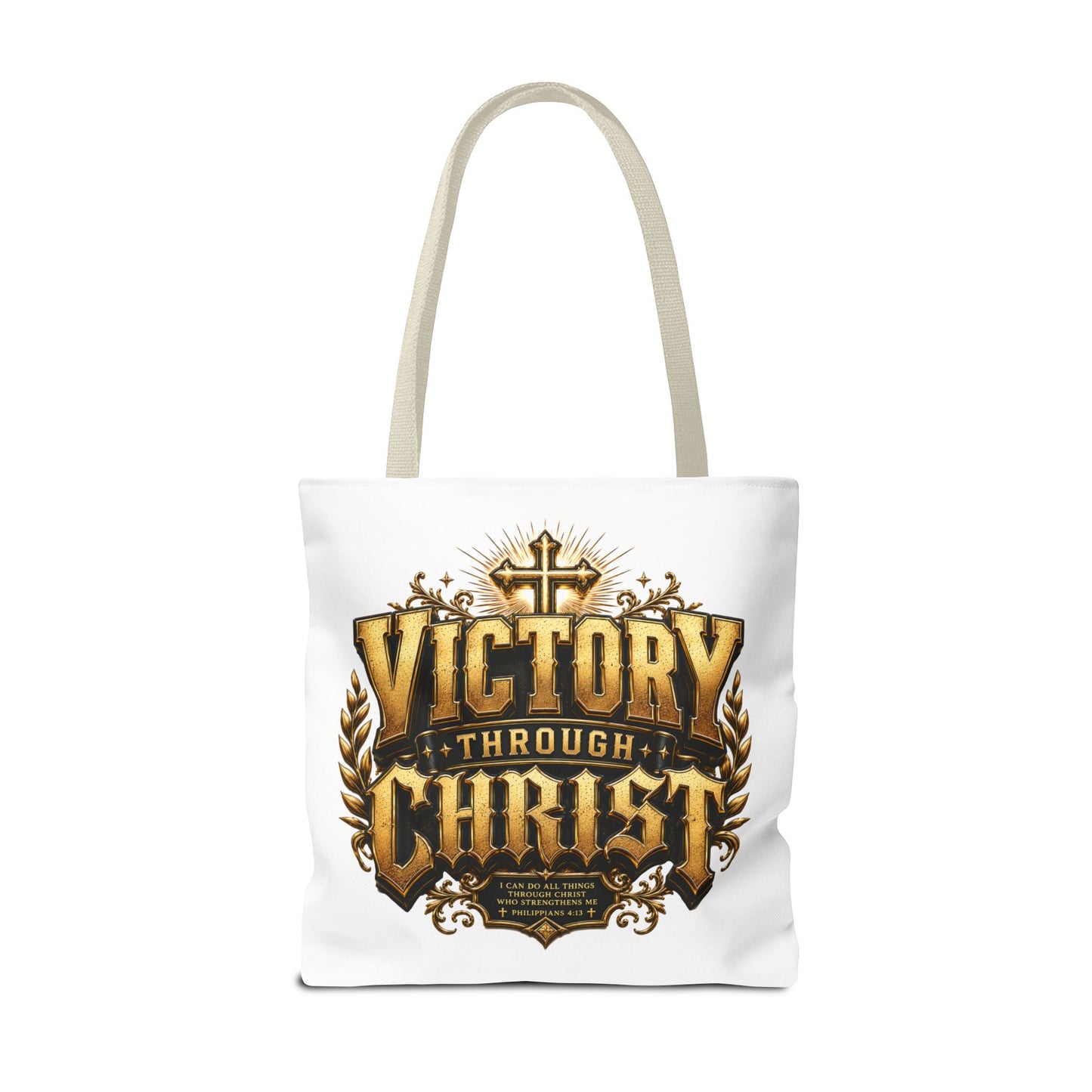 Victory Through Christ Tote Bag — Inspirational Christian Canvas Tote