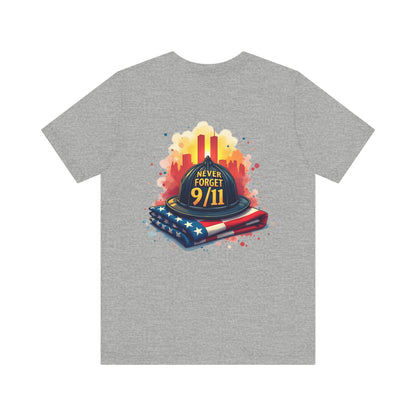 Never Forget 9/11 Memorial T-Shirt — Firefighter Helmet & Flag Tribute Tee