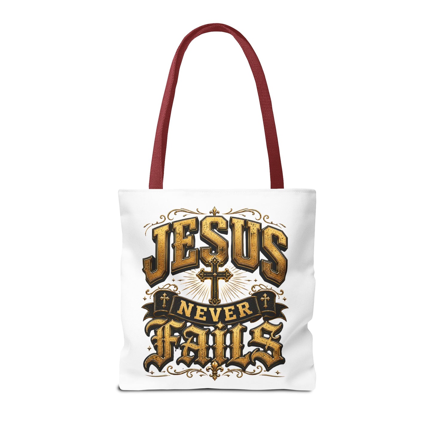 Jesus Never Fails Tote Bag — Christian Faith AOP Canvas Tote