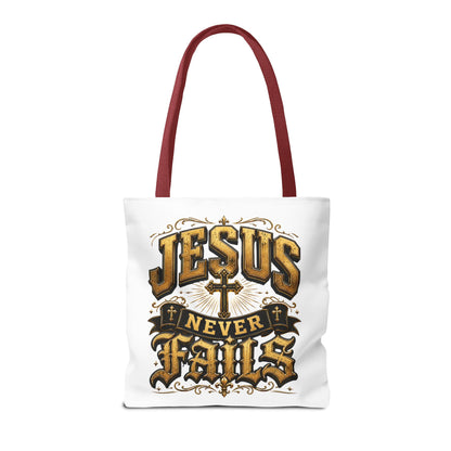 Jesus Never Fails Tote Bag — Christian Faith AOP Canvas Tote