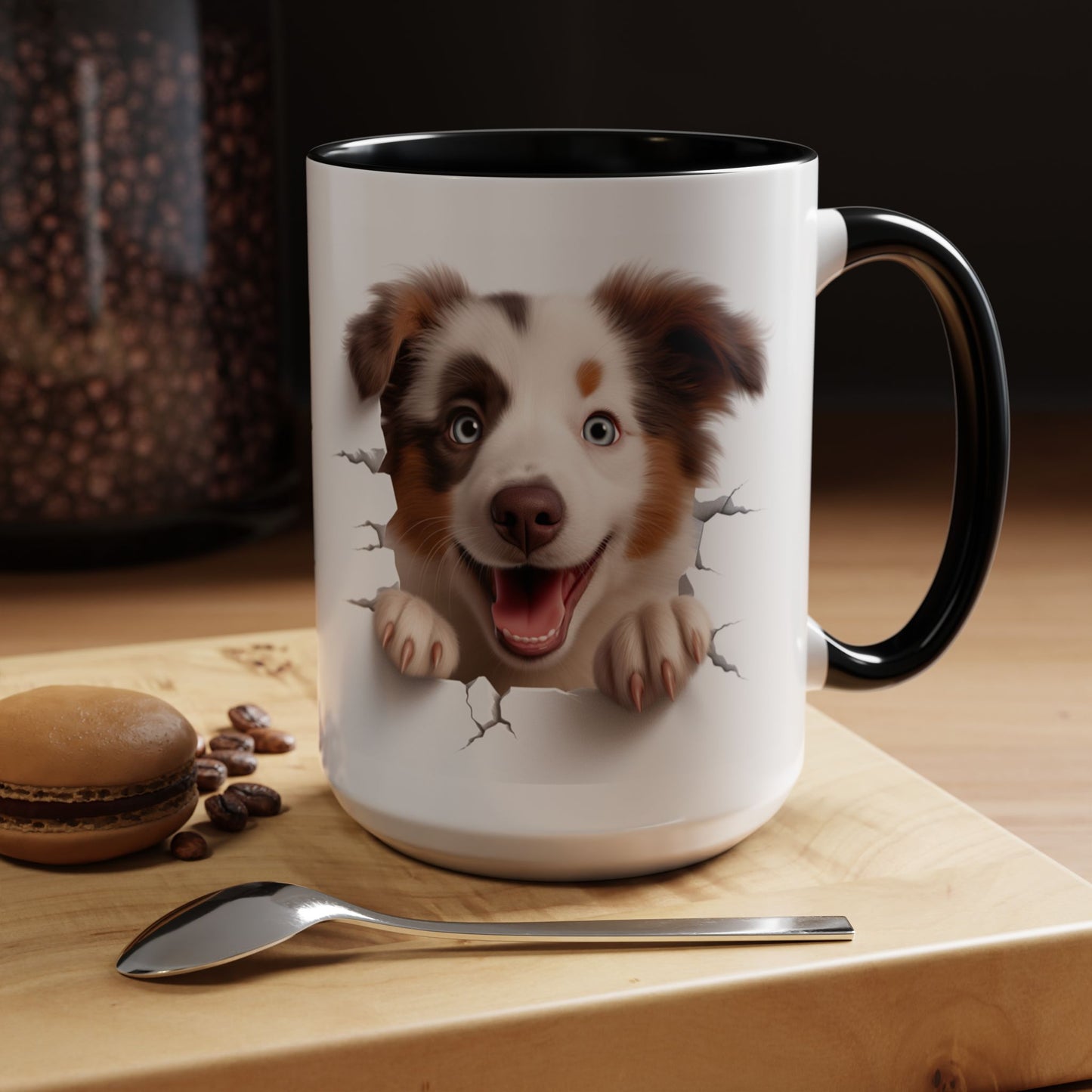 Australian Shepherd Peeking Coffee Mug — Cute Puppy Accent Mug (11/15oz)