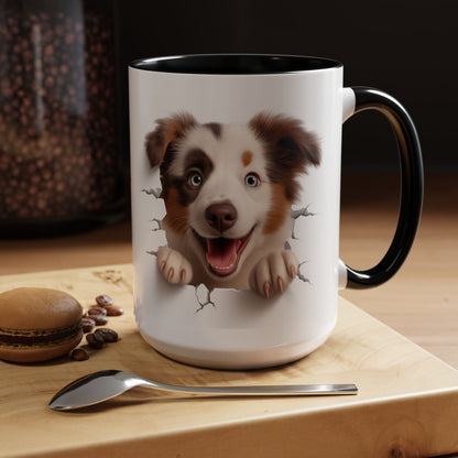 Australian Shepherd Peeking Coffee Mug — Cute Puppy Accent Mug (11/15oz)