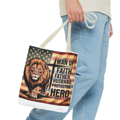 Tote — "Man of Faith, Father, Husband, Protector, Hero" Patriotic Lion Tote