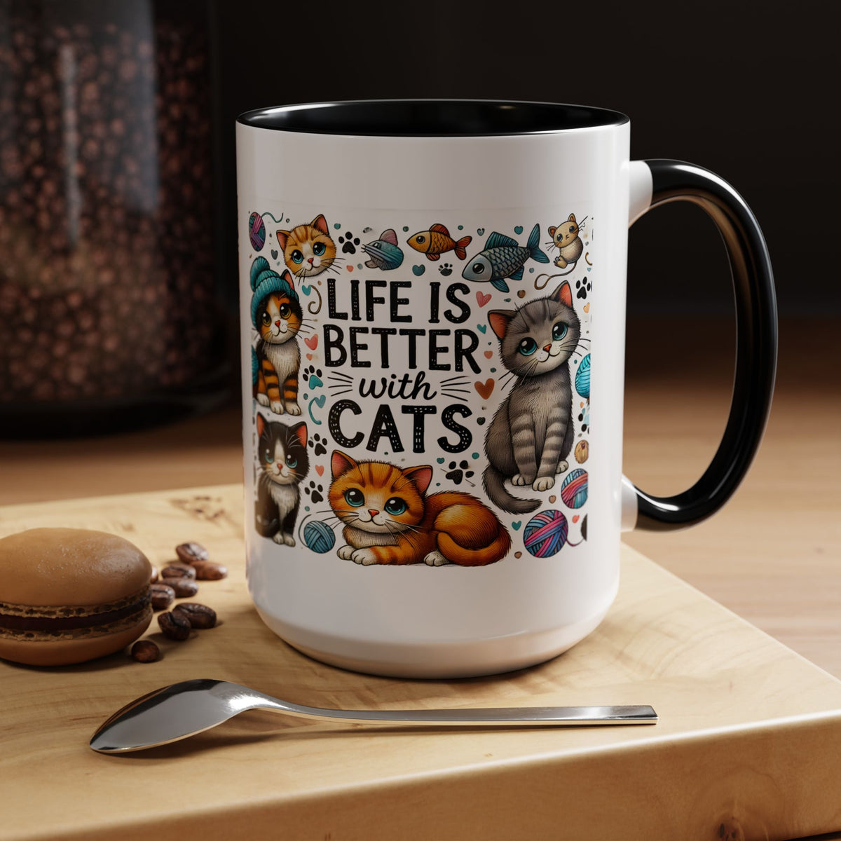 Life Is Better With Cats Accent Coffee Mug – Cute Kitten Ceramic Tea Cup (11/15oz)