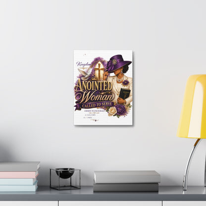 Anointed Woman Stretched Canvas — "Called to Serve" Faith Wall Art (Purple Hat & Bible)