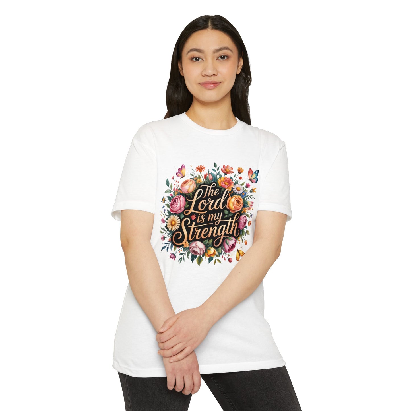 Christian T-Shirt — "The Lord Is My Strength" Floral Faith Tee