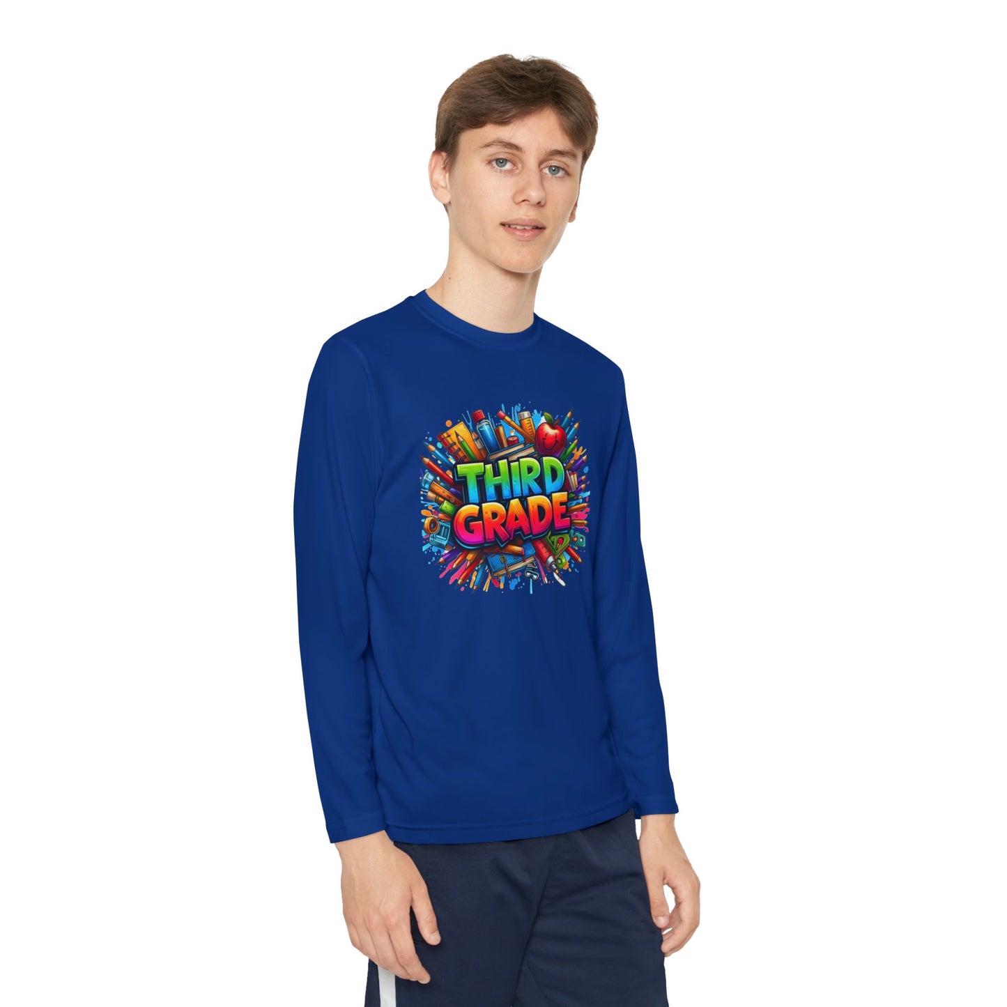 Third Grade Youth Long Sleeve Tee — Colorful School Supplies Design