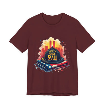 Never Forget 9/11 Memorial T-Shirt — Firefighter Helmet & Flag Tribute Tee