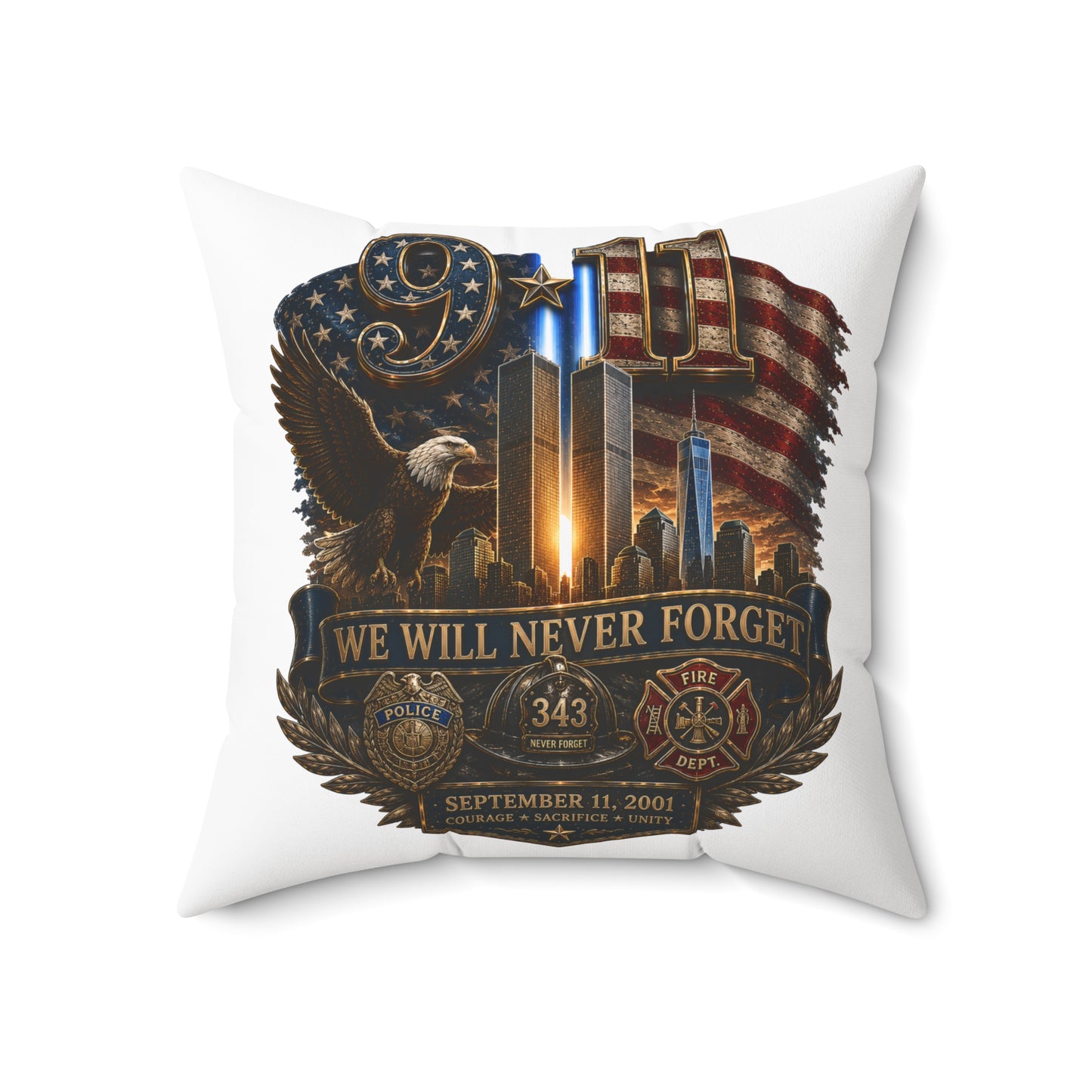 9/11 Memorial Square Pillow — "We Will Never Forget" Tribute