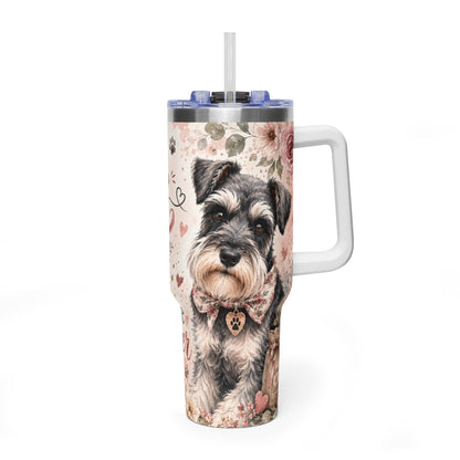 40oz Vacuum Tumbler - "Fueled By Coffee & My Miniature Schnauzer" Floral Dog Travel Cup