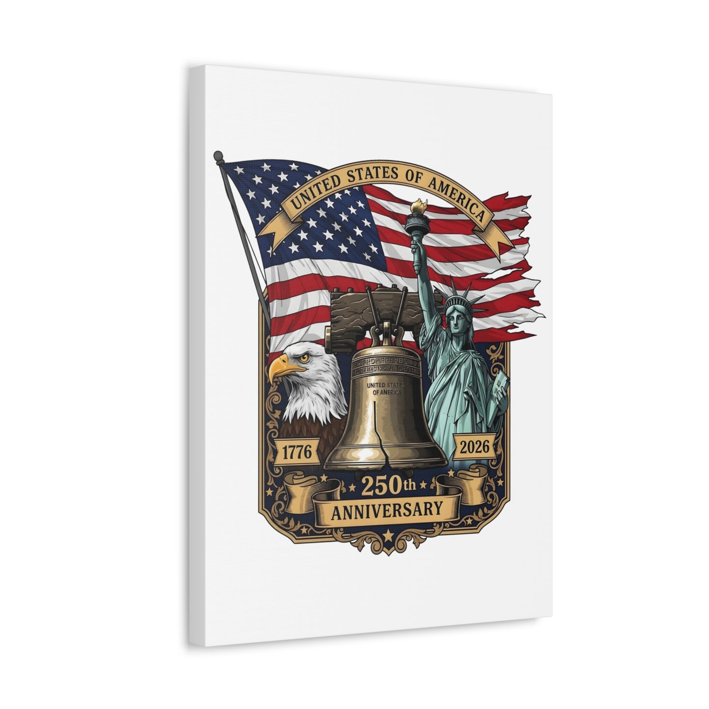 250th Anniversary USA Canvas Wall Art – Liberty Bell, Eagle & Flag Stretched Canvas