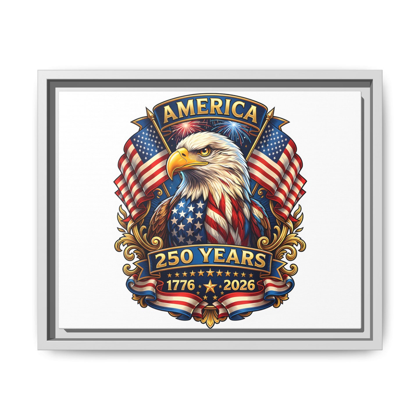 America 250th Anniversary Framed Canvas — Patriotic Bald Eagle Wall Art