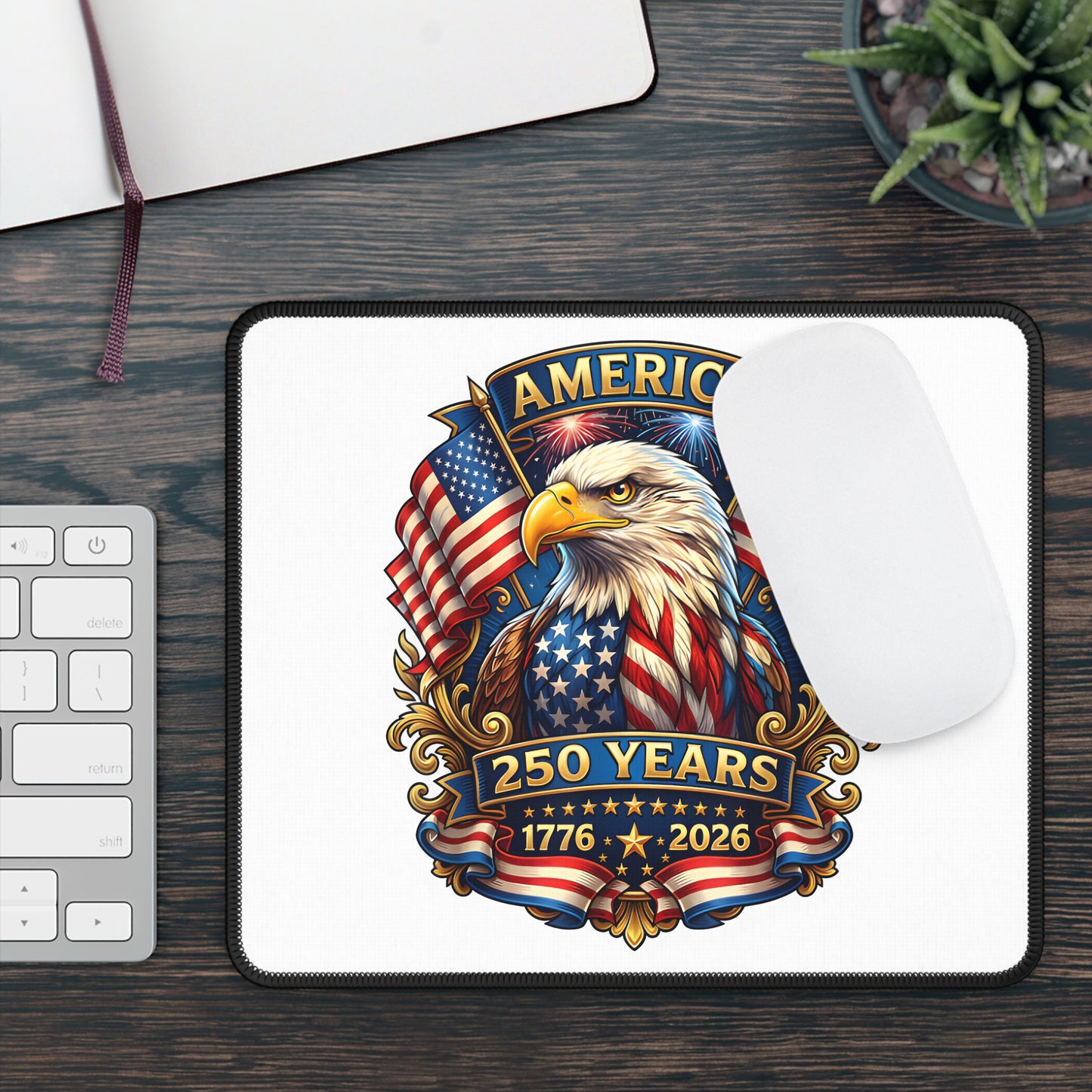 America 250th Anniversary Gaming Mouse Pad — Patriotic Bald Eagle USA Flags (1776–2026)
