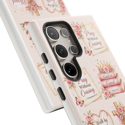 Christian Floral Phone Case — "Pray Without Ceasing" Faith Cross Design