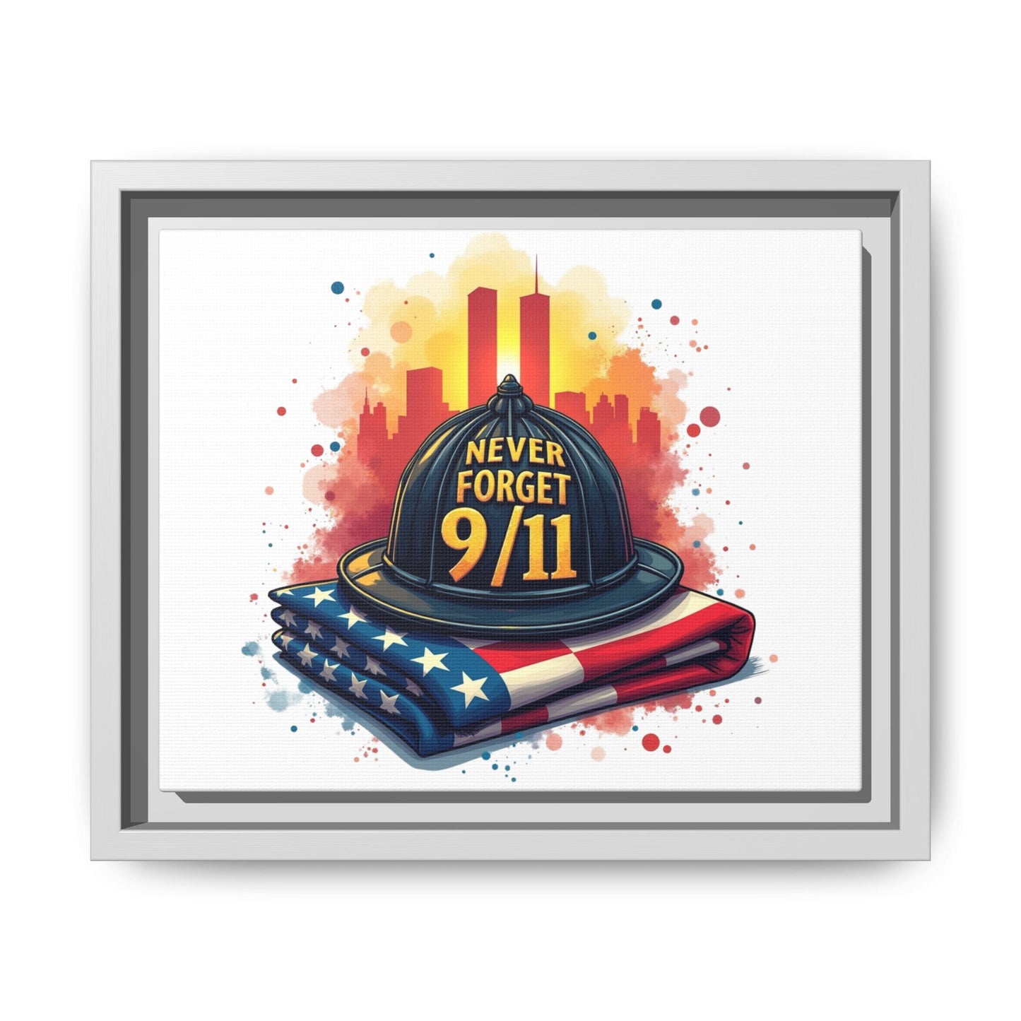 Never Forget 9/11 Framed Canvas Print — Firefighter Helmet & American Flag Memorial Art