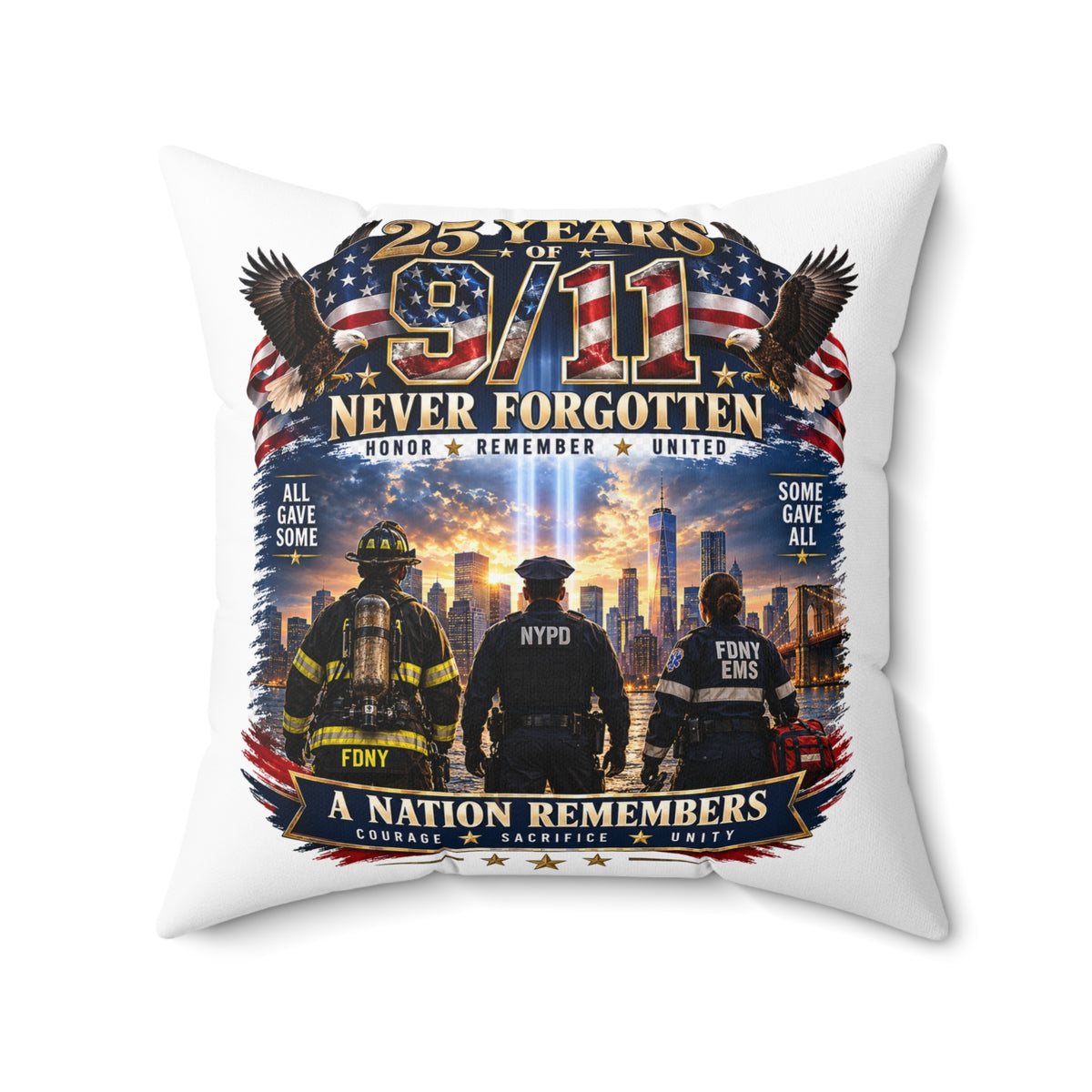 9/11 Never Forgotten Memorial Pillow - 25 Years Tribute Decorative Cushion