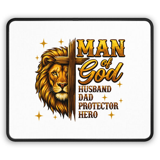 Man of God Lion Cross Gaming Mouse Pad — Husband Dad Protector Hero