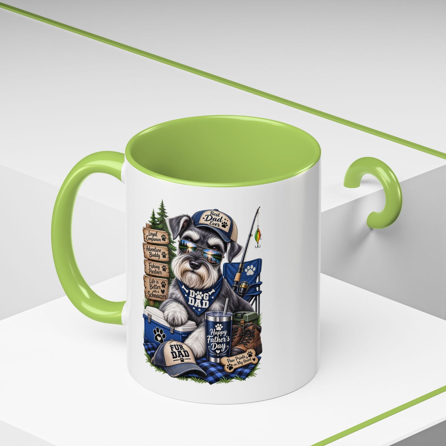 Schnauzer Dad Accent Coffee Mug – "Dog Dad" Camping Paw Print Design (11/15oz)