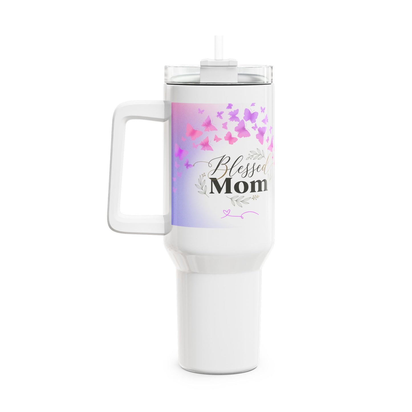 Blessed Mom 40oz Tumbler — Insulated Travel Mug with Pink Butterfly Design