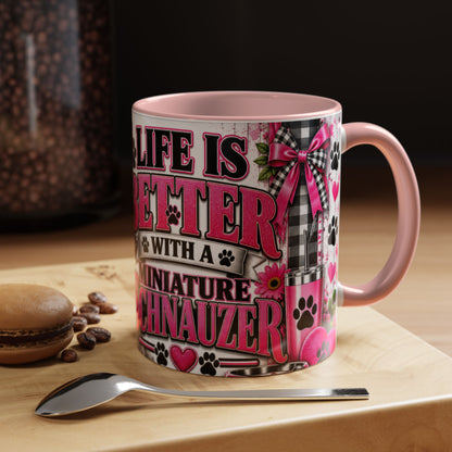 Life Is Better With A Miniature Schnauzer Accent Coffee Mug — Pink Paw Print Dog Lover Gift (11/15oz)