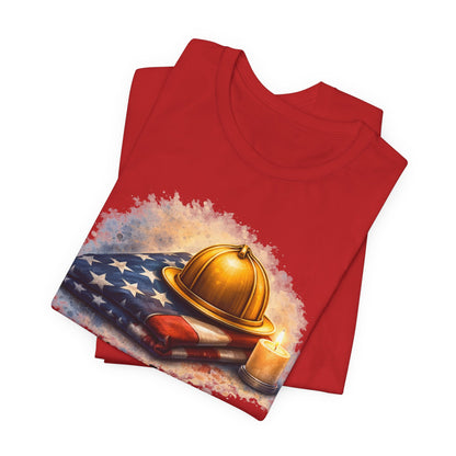 Never Forget Memorial T‑Shirt — Firefighter Helmet & Flag Tribute