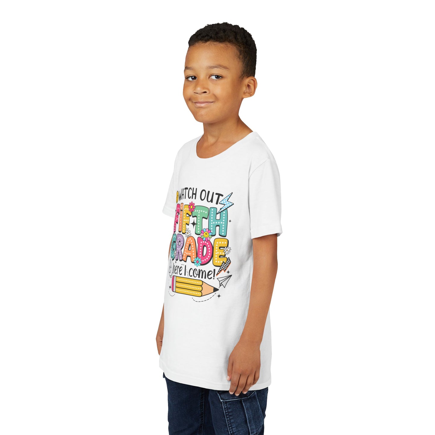 Fifth Grade Here I Come Youth Tee — Colorful Back-to-School Kids Shirt