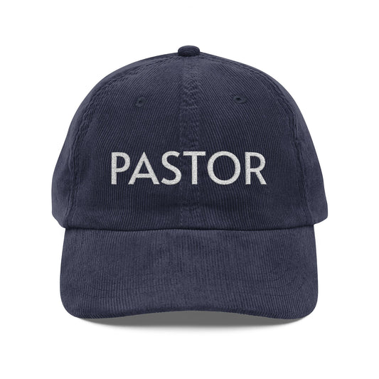 Vintage Corduroy Pastor Cap — Embroidered Minister Hat, Rustic Church Gift
