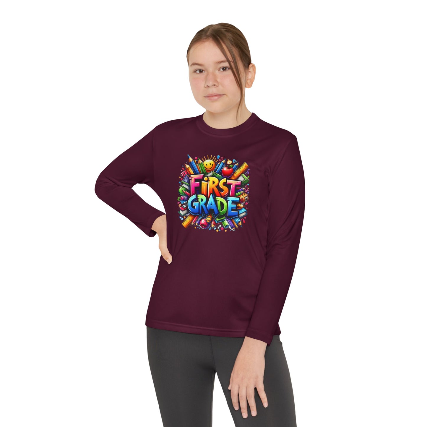 First Grade Youth Long Sleeve Tee — Colorful Back-to-School Shirt