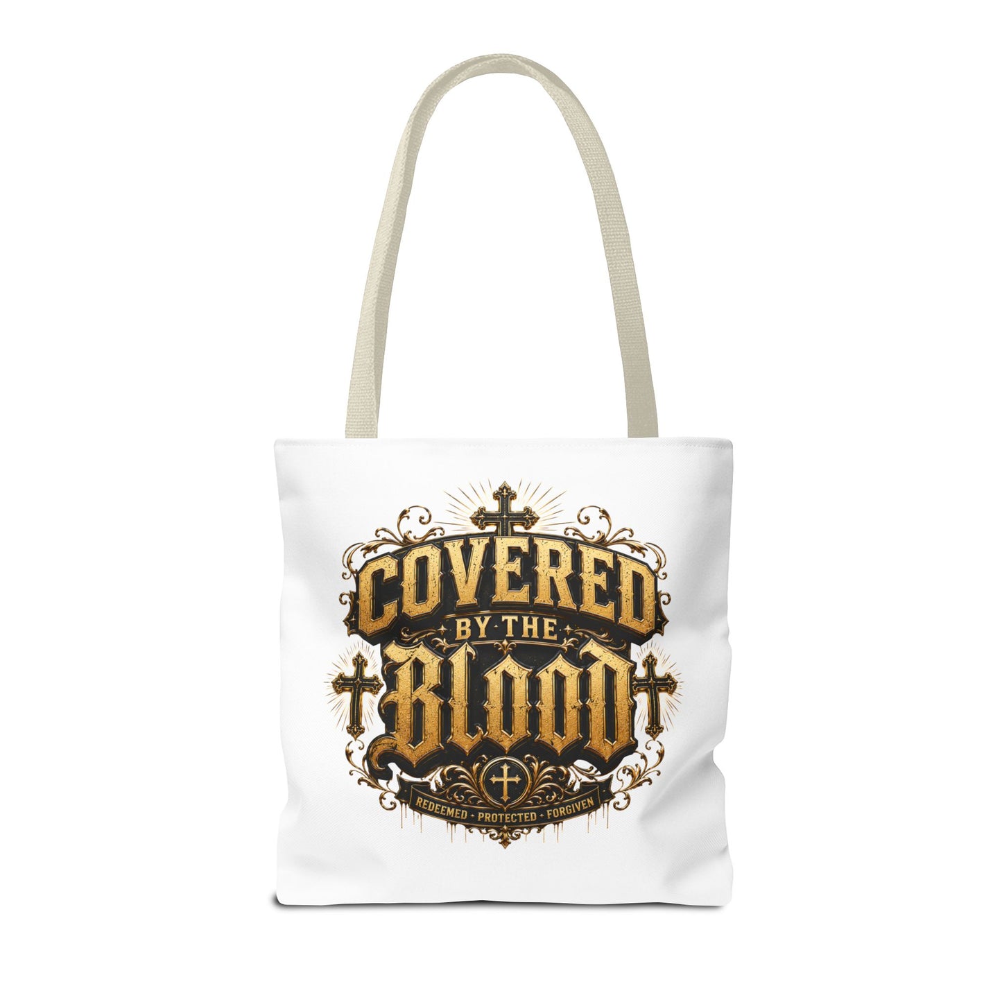 Covered by the Blood Tote Bag — Christian Cross Faith Canvas Tote
