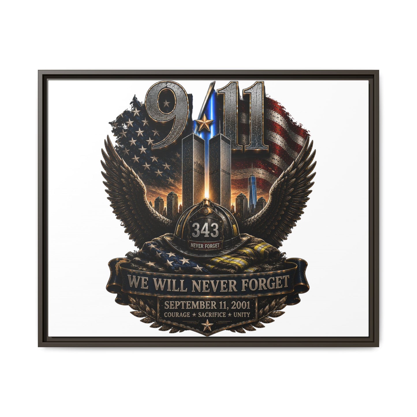 9/11 Memorial Matte Canvas Print — "We Will Never Forget" Framed Tribute