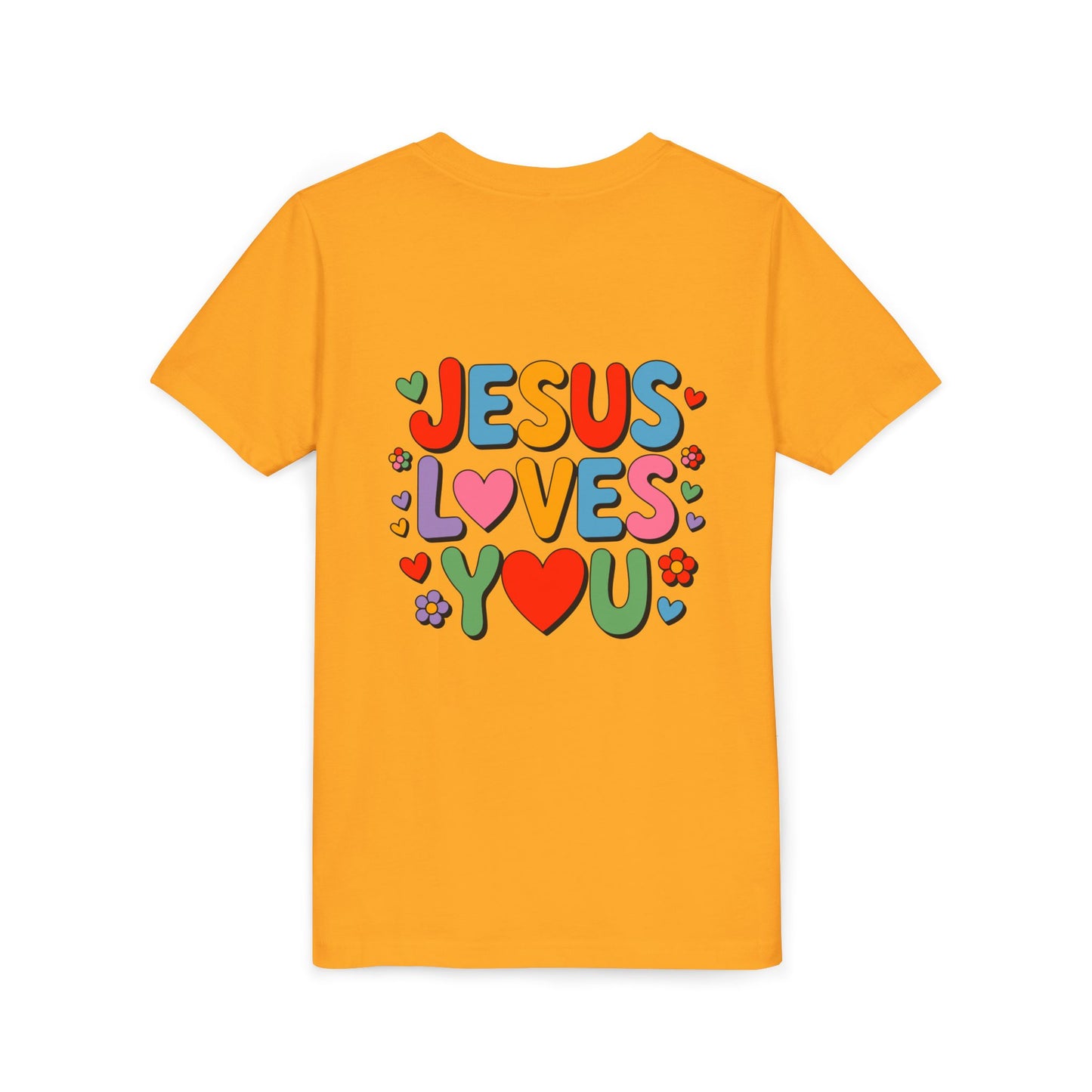 Youth Tee - "Jesus Loves You" Colorful Heart & Flower Christian Shirt