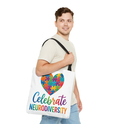 Celebrate Neurodiversity Tote Bag – Rainbow Puzzle Heart Awareness Tote
