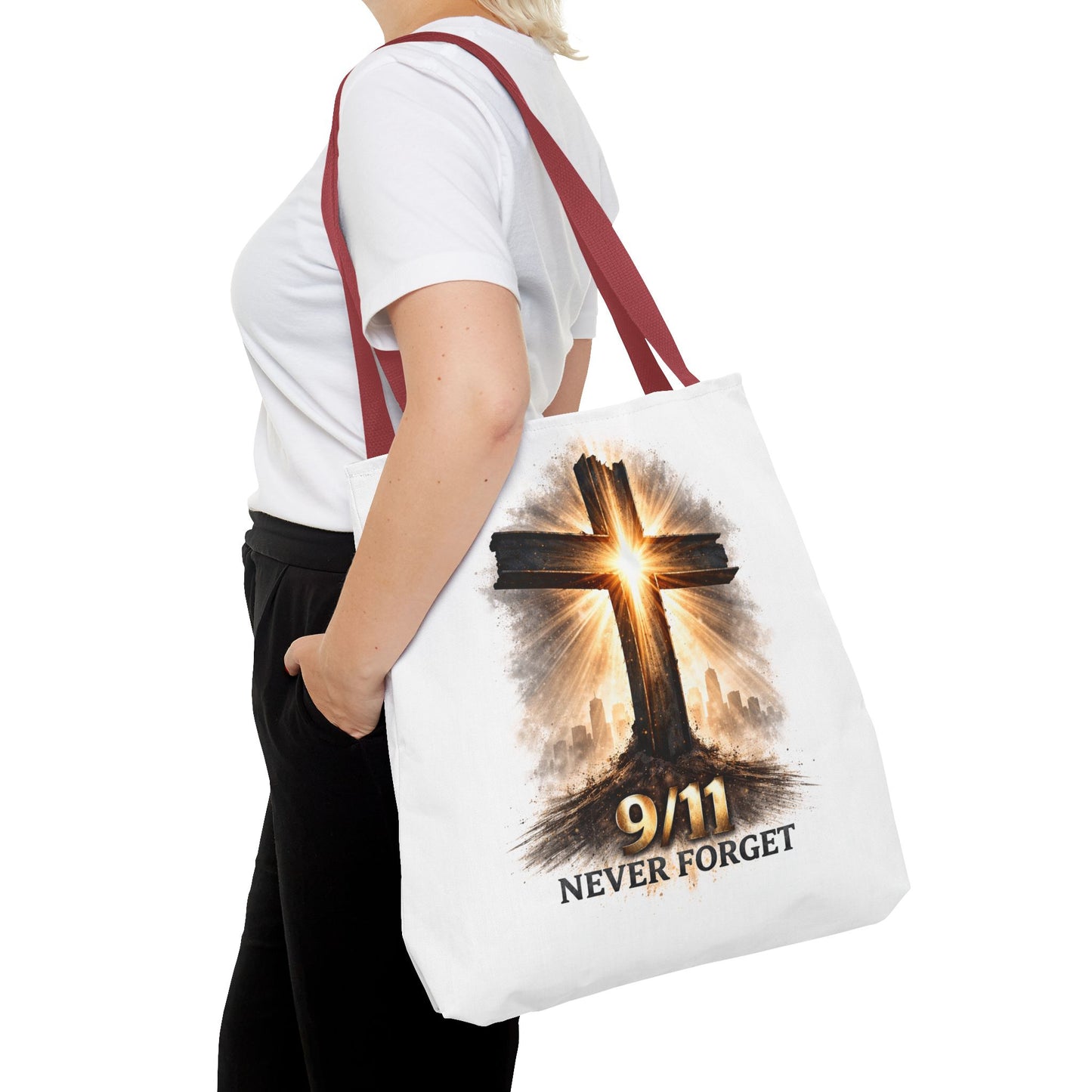9/11 Never Forget Cross Memorial Tote Bag — Patriotic Remembrance Shopper