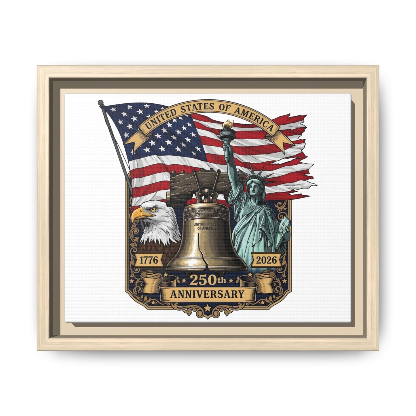 Liberty 250th Anniversary Framed Canvas Print — American Flag, Statue of Liberty & Liberty Bell Art