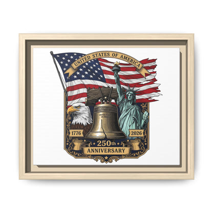 Liberty 250th Anniversary Framed Canvas Print — American Flag, Statue of Liberty & Liberty Bell Art