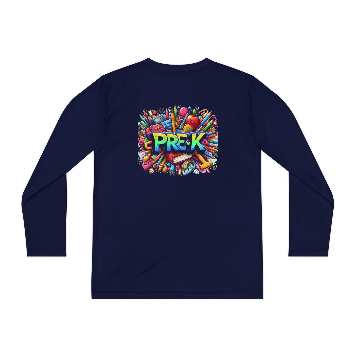 PRE-K Youth Long Sleeve Tee — Colorful School Supplies Design