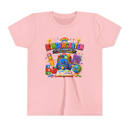 Kindergarten Kids T‑Shirt — 'Kindergarten: This Is Where the Fun Begins' Colorful Back-to-School Tee