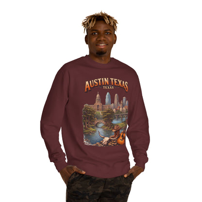 Austin Texas Sweatshirt — Vintage Cityscape & Guitar Crewneck