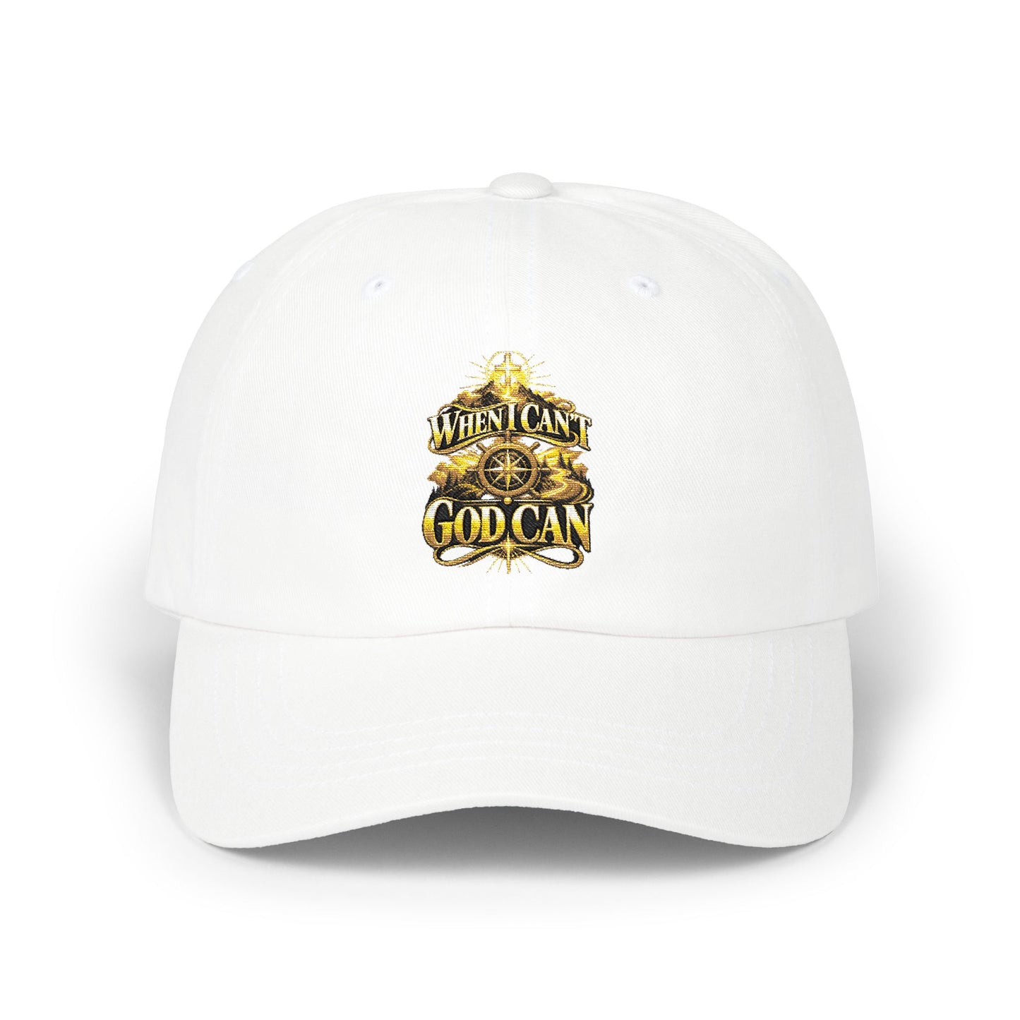 Dad Cap — Vintage Gold Crest "When I Can, God Can" Embroidered Hat