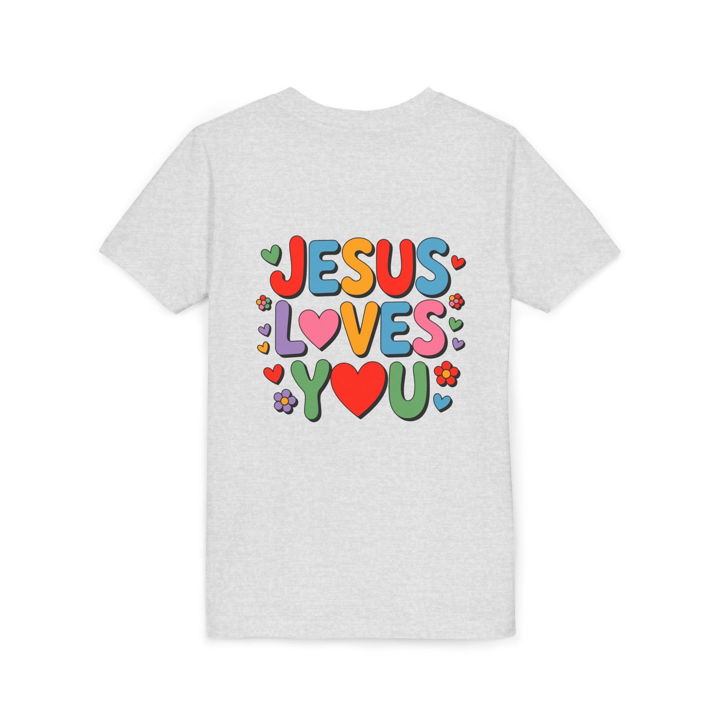 Youth Tee - "Jesus Loves You" Colorful Heart & Flower Christian Shirt
