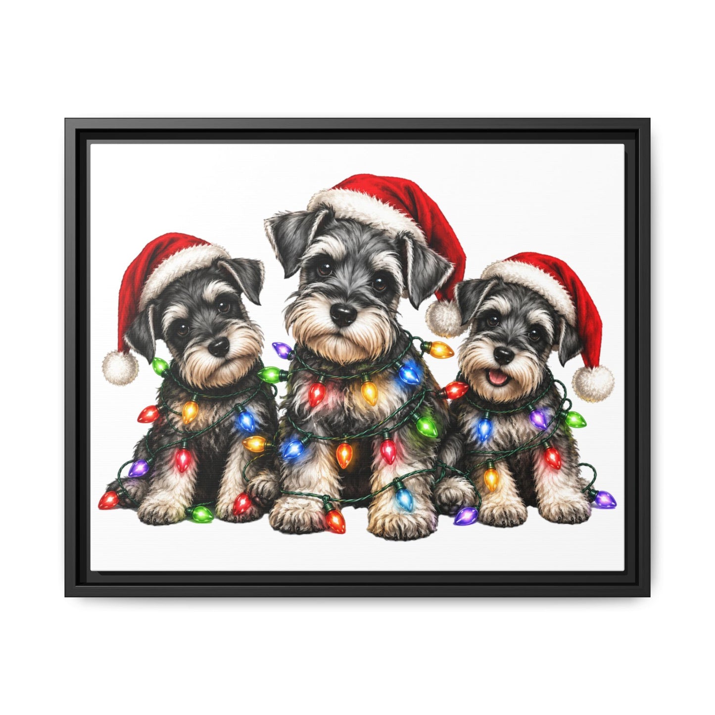 Christmas Schnauzer Canvas Print — Festive Puppies in Santa Hats (Matte Framed)