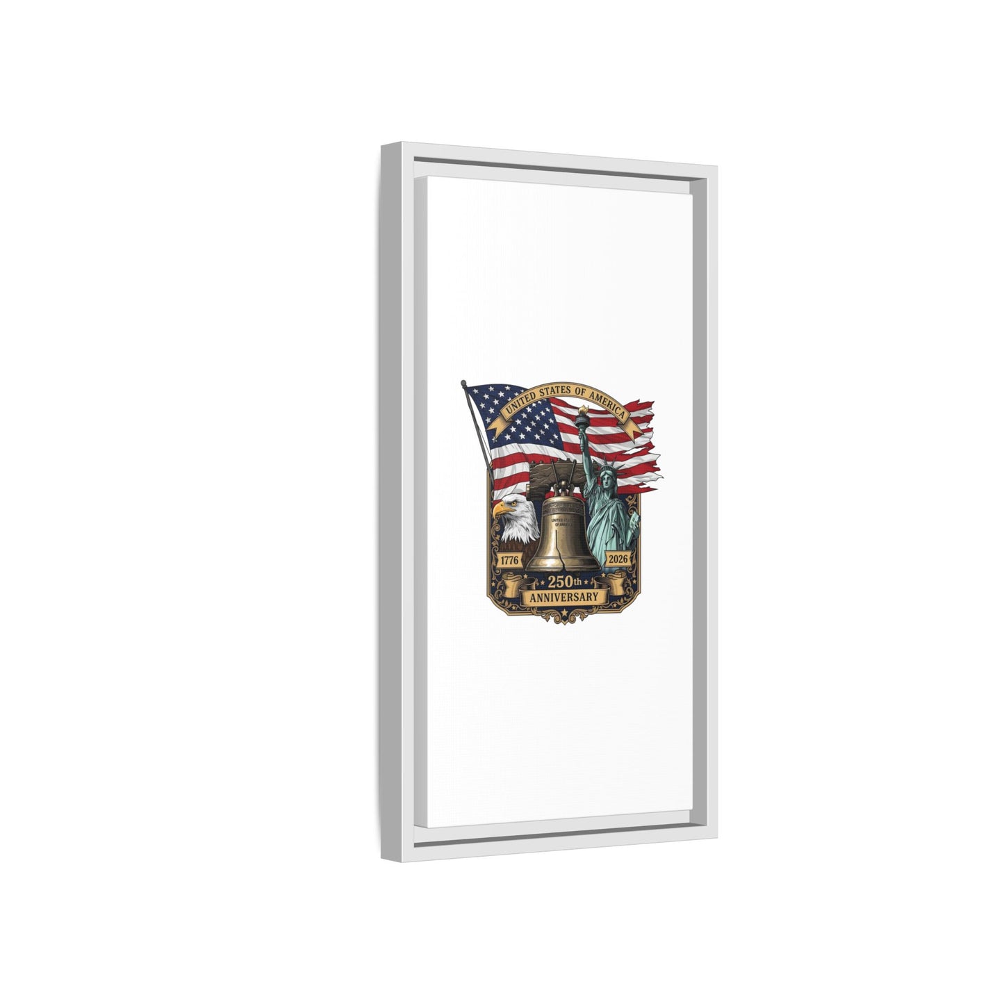 Liberty 250th Anniversary Framed Canvas Print — American Flag, Statue of Liberty & Liberty Bell Art