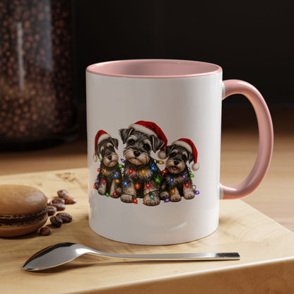 Christmas Puppy Coffee Mug — Cute Schnauzer Trio with Santa Hats & Holiday Lights (11/15oz)