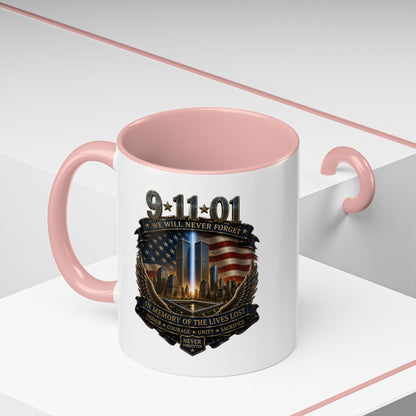 9/11 Memorial Coffee Mug — 'We Will Never Forget' Tribute Accent Mug