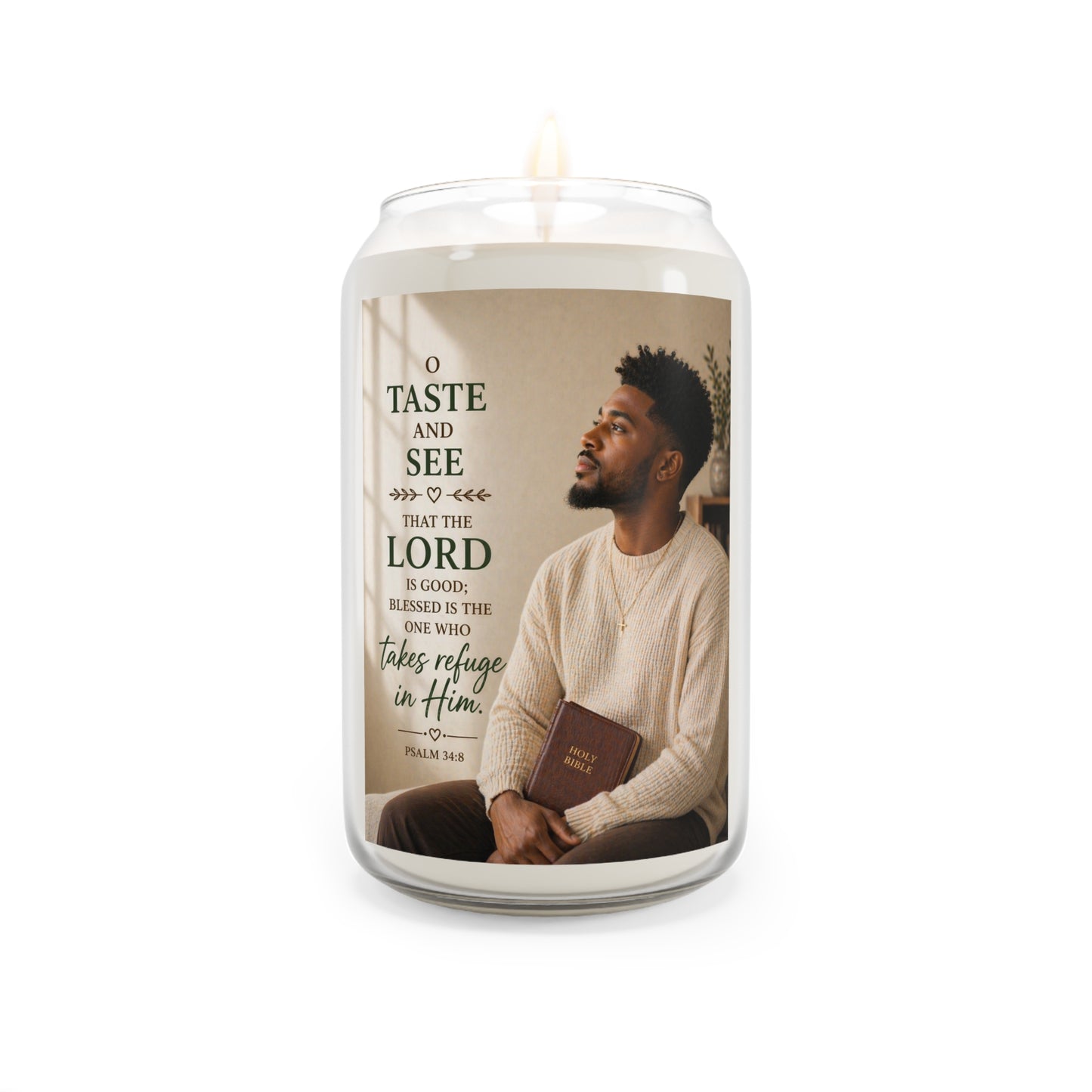 Inspirational Scented Soy Candle — “Taste and See the Lord” Psalm Design (13.75 oz)
