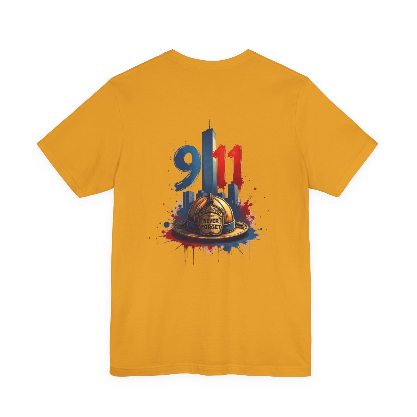 9/11 Firefighter Memorial Tee — Tribute T-Shirt with Helmet & Twin Towers Design